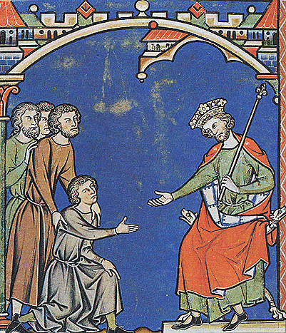 Mephibosheth is brought to David by Ziba in 1240's from the Maciejowski Bible.