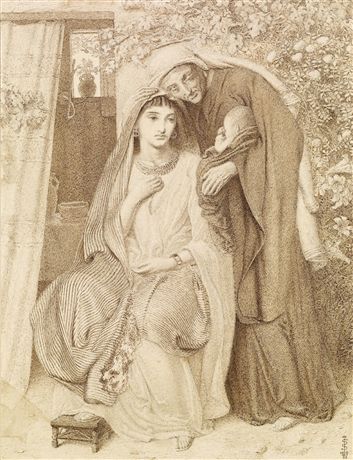 Pen and brown ink over pencil on paper picture of Ruth, Naomi, and Obed in 1860 by Simeon Solomon locatead at the Birmingham Museums and Art Gallery.